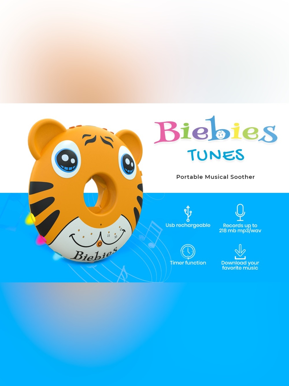 NEW Biebies Tunes-Light Up-Play Music-Download-Record-White Noise-Rechargeable
